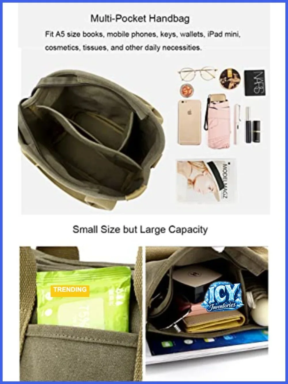 Canvas Tote Handbag Multi-Pockets Shoulder Bag with Zipper Hobo Satchel for